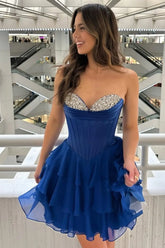 Sweetheart Navy Blue Homecoming Dress Corset Short Beaded Ruffle Dress